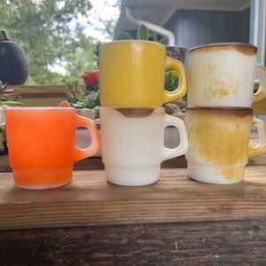 Vintage Fire King Stackable Mugs Coffee Cups Orange-Yellow